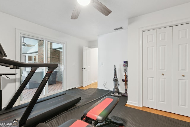 workout room with ceiling fan and light hardwood / wood-style floors