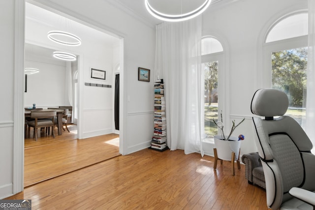 office area featuring crown molding and light hardwood / wood-style floors