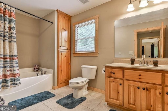 full bathroom with toilet, vanity, separate shower and tub, and tile patterned flooring