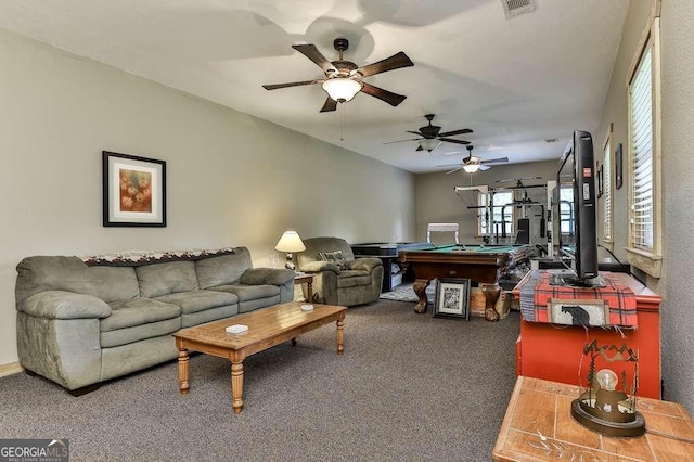 recreation room with carpet and pool table