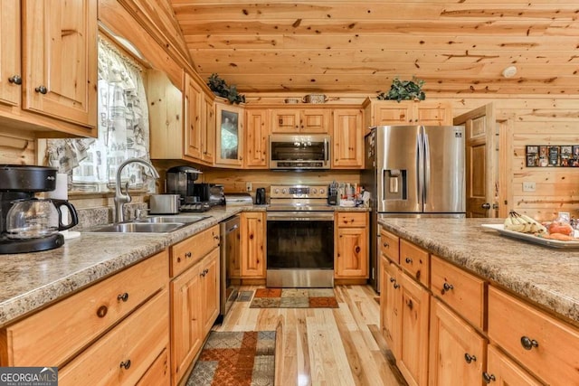 kitchen with wood ceiling, stainless steel appliances, wooden walls, light hardwood / wood-style floors, and sink