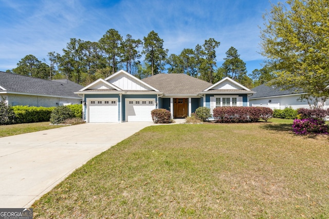 view of front of home featuring a front yard, roof with shingles, concrete driveway, board and batten siding, and a garage