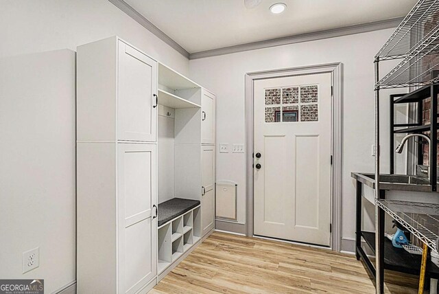 mudroom featuring light wood-type flooring and ornamental molding