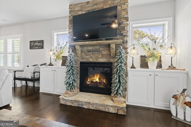 living room featuring dark wood-type flooring and a stone fireplace