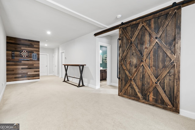 interior space with a barn door and wooden walls