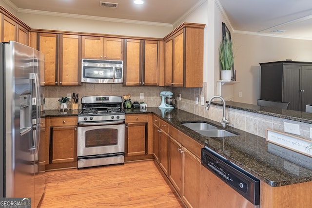 kitchen featuring sink, decorative backsplash, stainless steel appliances, and dark stone counters