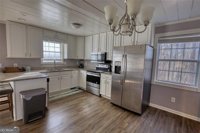 kitchen featuring appliances with stainless steel finishes, decorative light fixtures, a kitchen breakfast bar, white cabinets, and sink