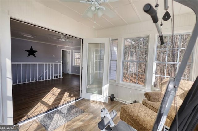 sunroom / solarium featuring ceiling fan