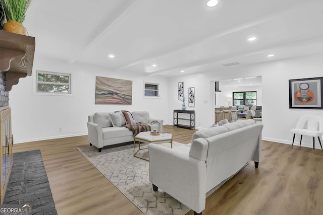 living room with a fireplace and light hardwood / wood-style flooring