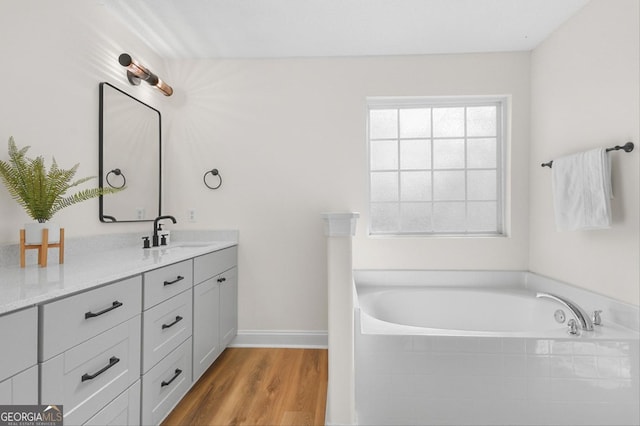 bathroom featuring hardwood / wood-style flooring, vanity, and a washtub