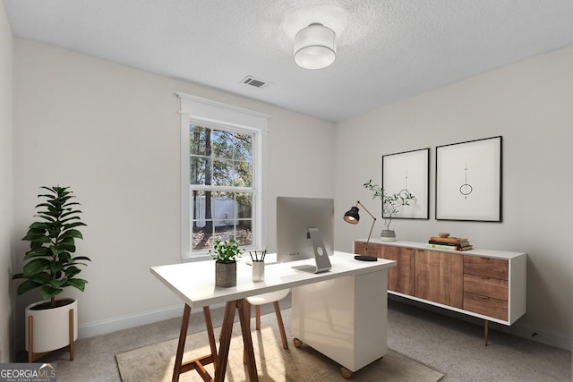 carpeted office space with a textured ceiling