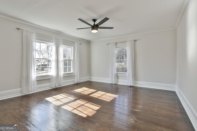 unfurnished room with ceiling fan, dark wood-type flooring, and ornamental molding