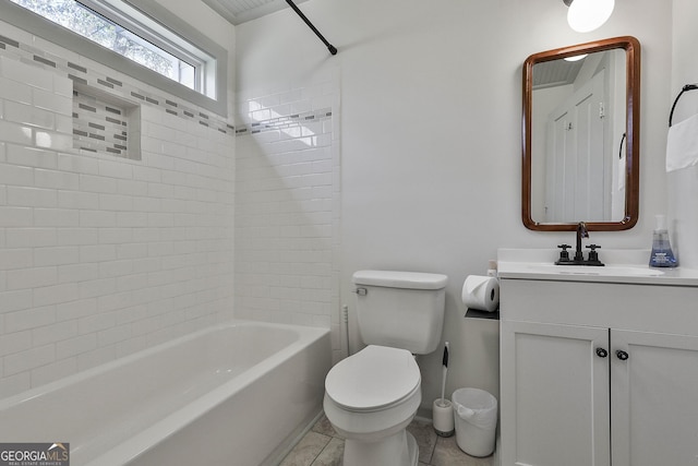 full bathroom with toilet, tile patterned flooring, tiled shower / bath combo, and vanity