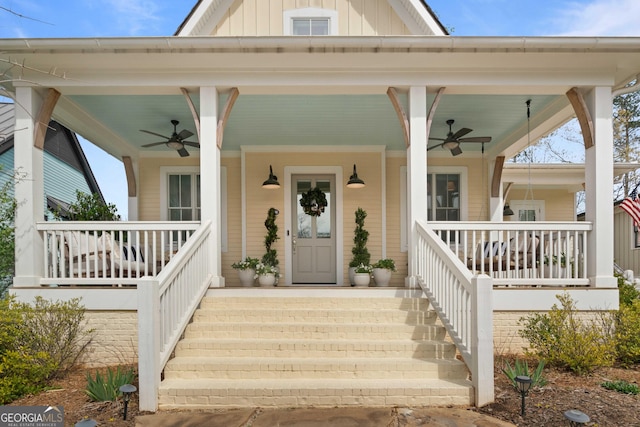 property entrance with ceiling fan and a porch