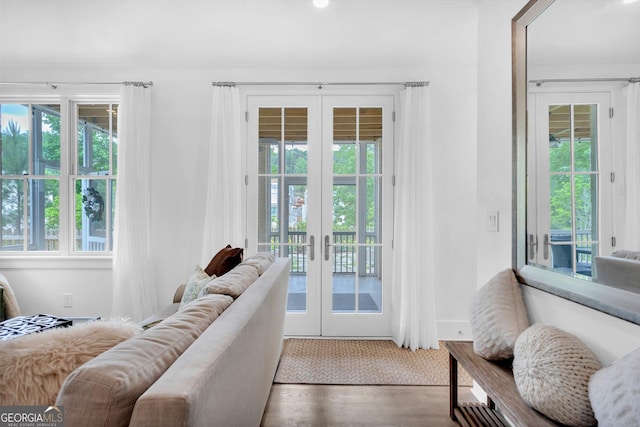 doorway with wood-type flooring, a wealth of natural light, and french doors