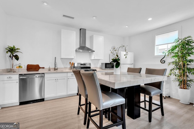 kitchen featuring a kitchen bar, sink, appliances with stainless steel finishes, white cabinets, and wall chimney exhaust hood