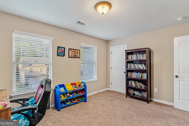 view of carpeted home office