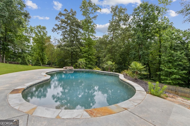 view of pool featuring a lawn and a patio