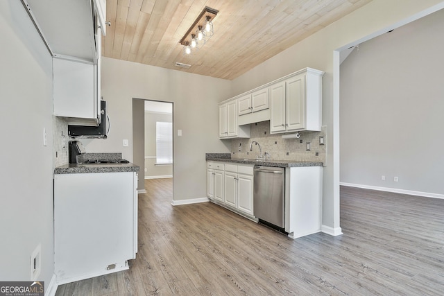 kitchen featuring wooden ceiling, appliances with stainless steel finishes, white cabinets, and sink