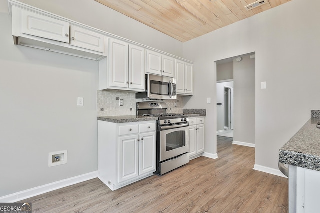 kitchen featuring decorative backsplash, light hardwood / wood-style flooring, appliances with stainless steel finishes, white cabinets, and wooden ceiling