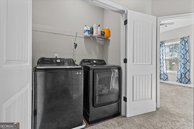 washroom with laundry area, carpet flooring, and washing machine and clothes dryer