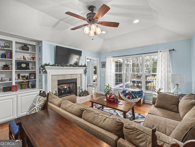 living room featuring a textured ceiling, vaulted ceiling, and a tray ceiling