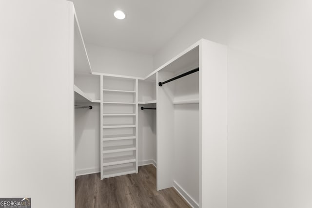 walk in closet with wood finished floors