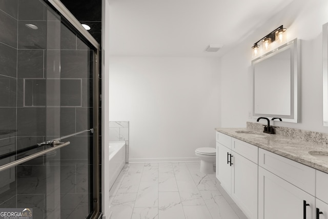 bathroom with toilet, marble finish floor, a sink, a shower stall, and baseboards