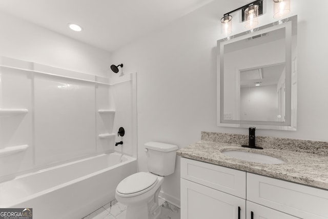 full bathroom featuring vanity, visible vents, toilet, marble finish floor, and shower / bathtub combination