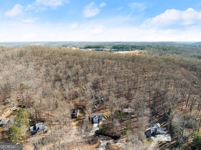 drone / aerial view with a wooded view