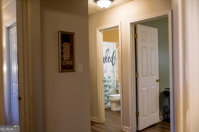 hall with dark hardwood / wood-style flooring and a textured ceiling