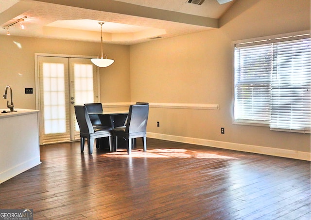 dining space featuring dark wood-type flooring, french doors, plenty of natural light, and a tray ceiling