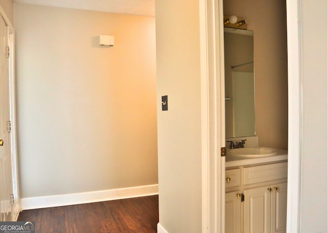 bathroom featuring hardwood / wood-style flooring and vanity