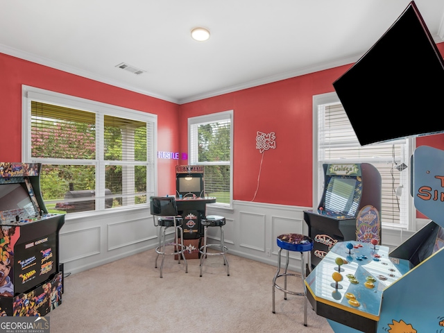 carpeted office featuring crown molding