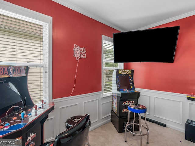 interior space with crown molding and light colored carpet