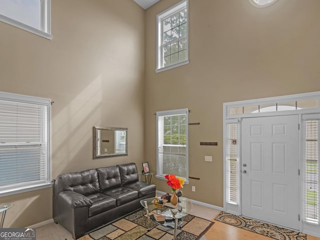 living room with a towering ceiling and light hardwood / wood-style flooring