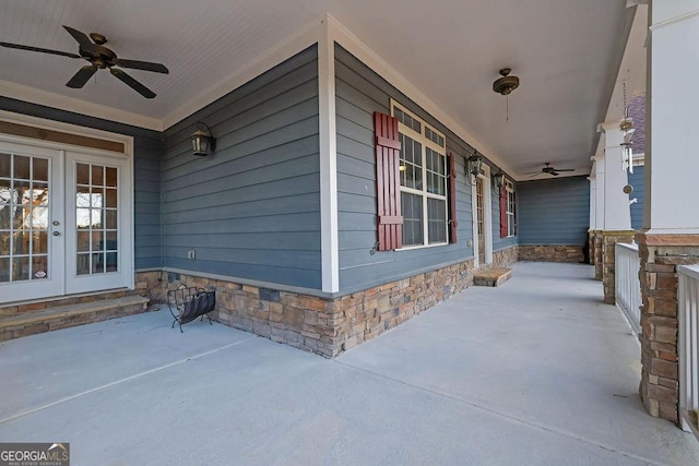 view of patio featuring french doors and a ceiling fan