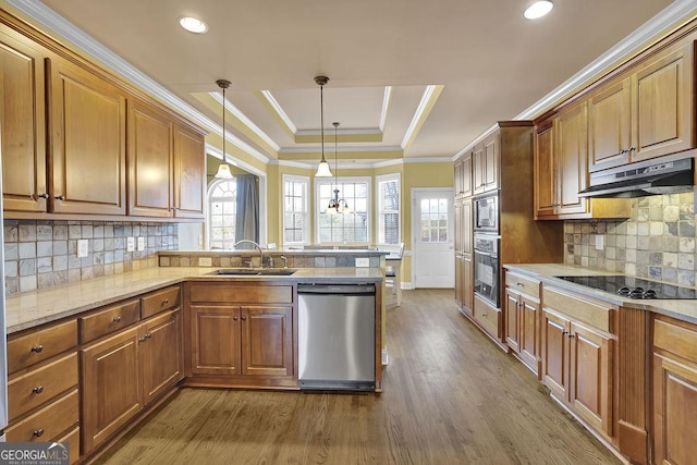 kitchen with a tray ceiling, stainless steel dishwasher, wall oven, a sink, and under cabinet range hood