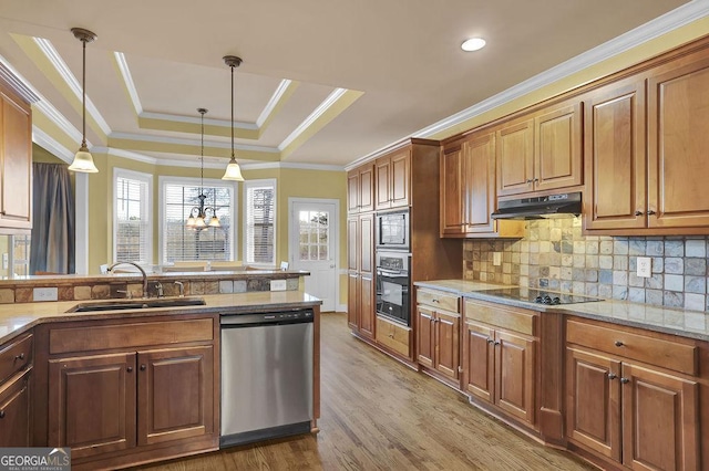 kitchen featuring hardwood / wood-style flooring, stainless steel appliances, a raised ceiling, pendant lighting, and sink