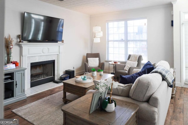 living room with hardwood / wood-style floors, crown molding, and a textured ceiling