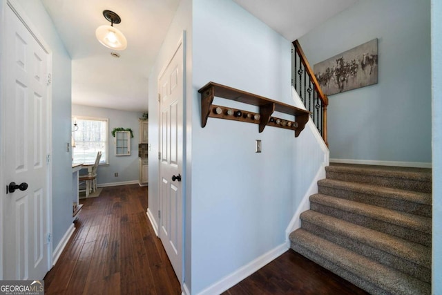 stairway with hardwood / wood-style floors