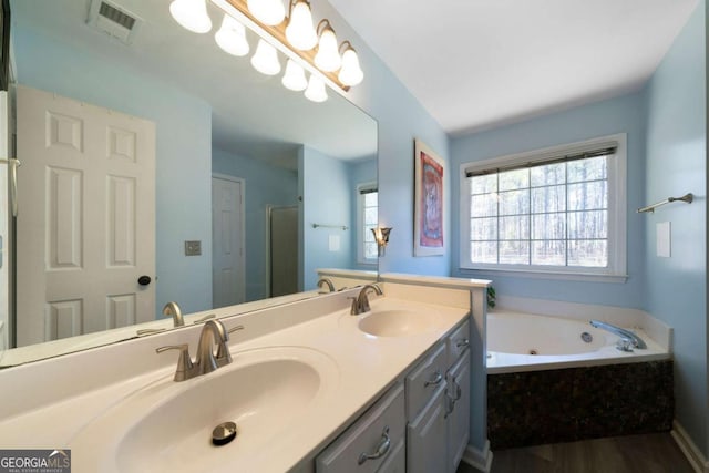 bathroom featuring separate shower and tub, vanity, and wood-type flooring