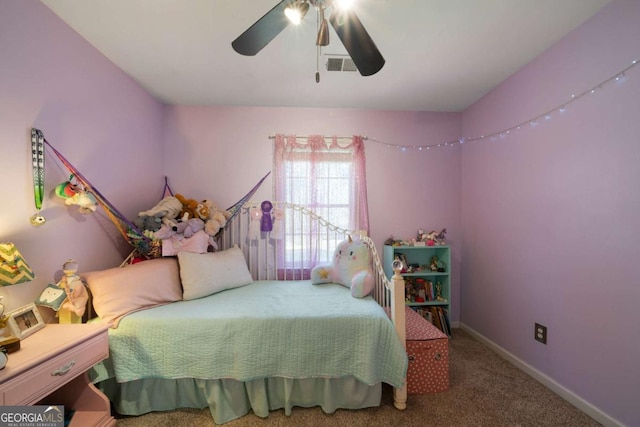 bedroom with ceiling fan and carpet