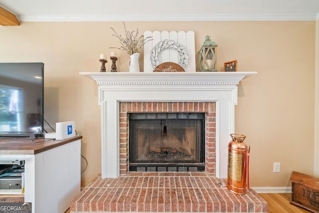 details with ornamental molding, wood-type flooring, and a fireplace