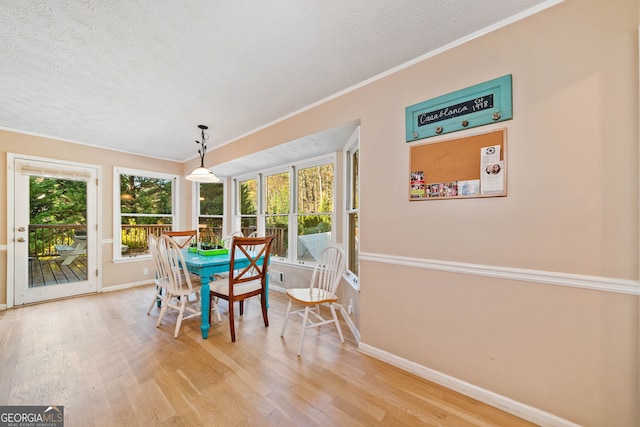 dining space with crown molding, a healthy amount of sunlight, hardwood / wood-style floors, and a textured ceiling