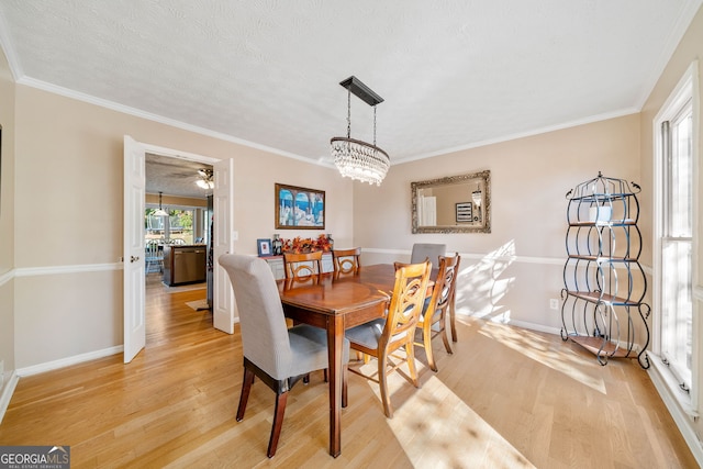 dining space with ornamental molding, a textured ceiling, and light hardwood / wood-style floors