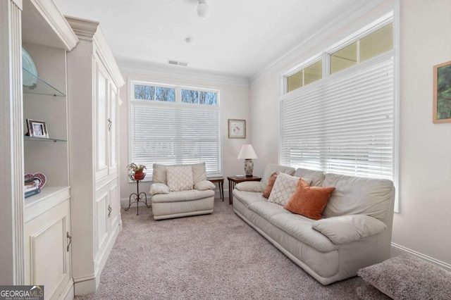 living room with light colored carpet and crown molding