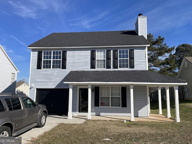 view of front of house with an attached garage, a chimney, a porch, and roof with shingles