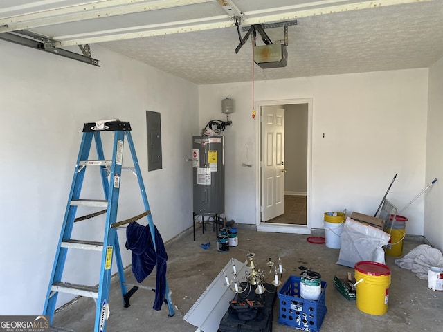 garage with electric panel, baseboards, a garage door opener, and electric water heater