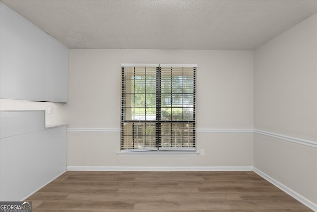 empty room with a textured ceiling and light hardwood / wood-style flooring